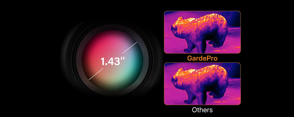 1.43-inch AMOLED display of GardePro M21 thermal monocular, showing a side-by-side comparison of a bear's thermal image against competing devices