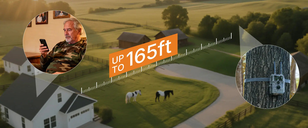 GardePro E6+ WiFi trail camera demonstrating its 165ft dual-antenna long-range connectivity in a rural property setting