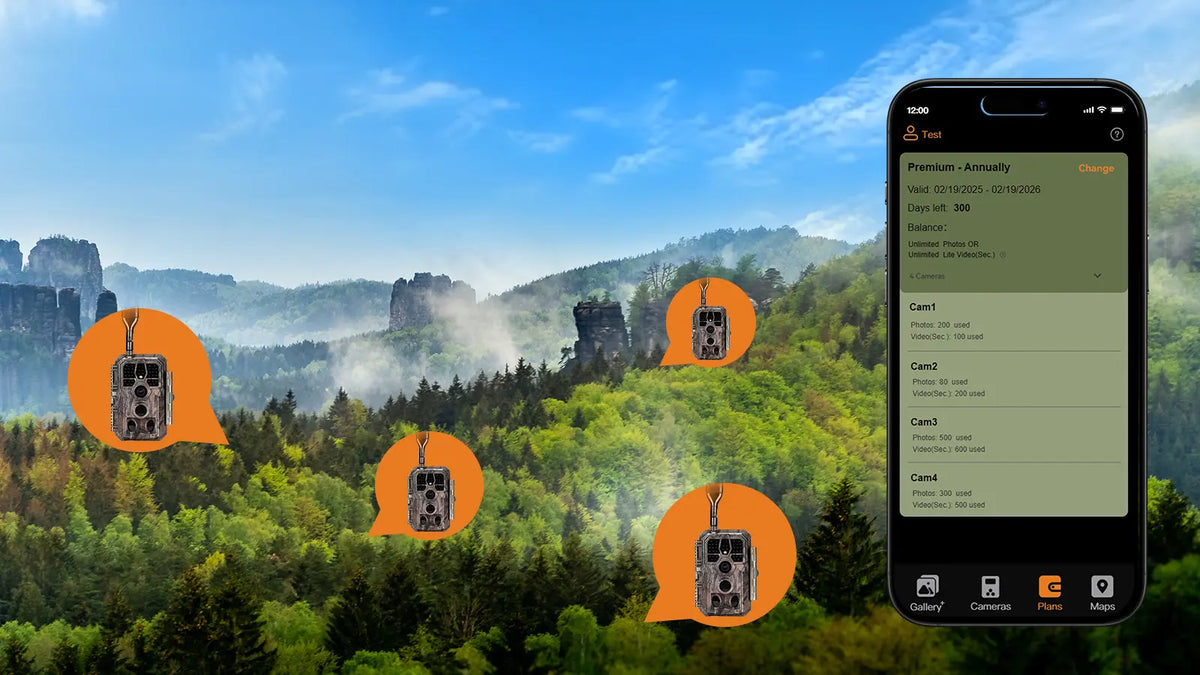 GardePro app showing a multi-camera dashboard for the X50S cellular trail camera, monitoring deployments across a forest valley