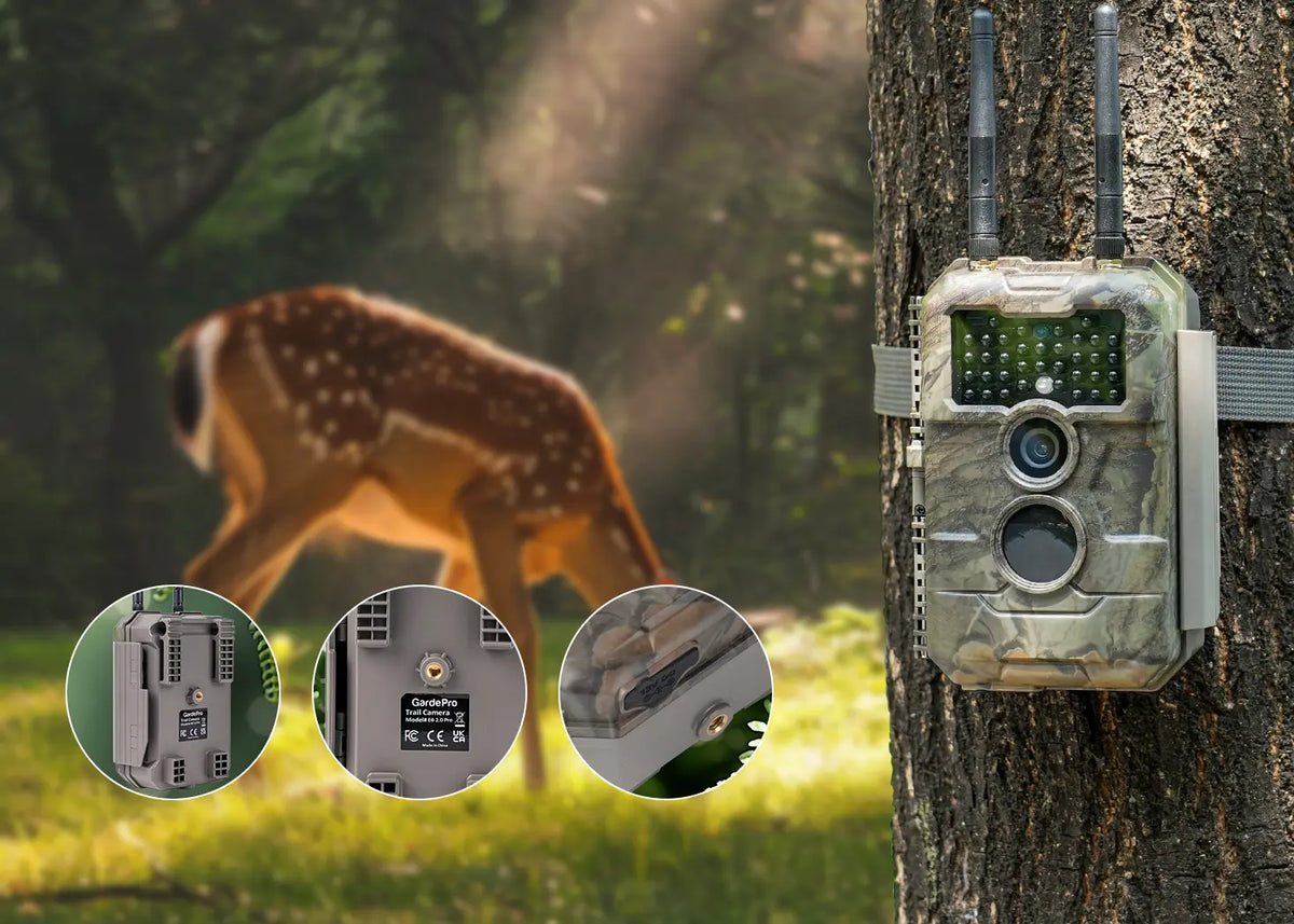 GardePro E6 2.0 Pro WiFi trail camera mounted on a tree, showcasing its redesigned housing and flexible mounting options