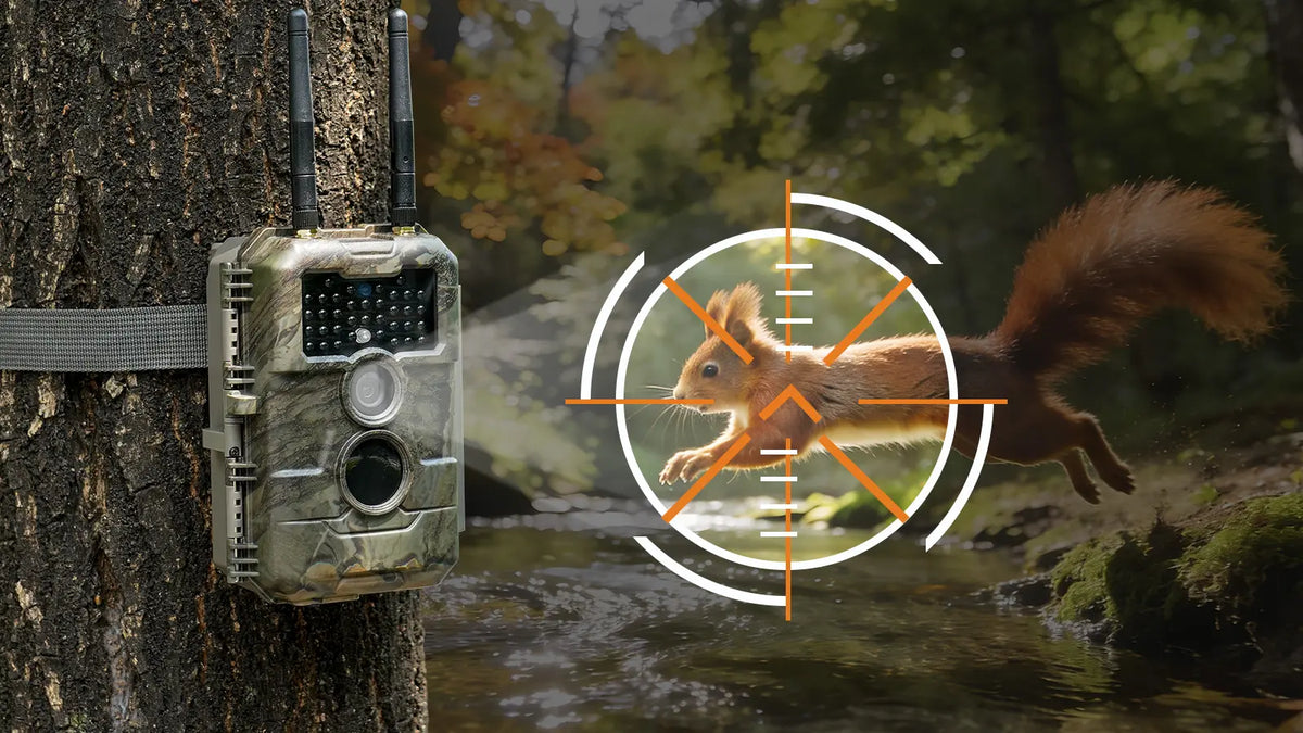 GardePro E6 2.0 Pro WiFi trail camera demonstrating its 0.3s lightning-fast trigger speed, capturing a squirrel mid-action