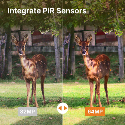 GardePro E7 WiFi trail camera image comparison showing 32MP vs 64MP clarity with PIR sensor for sharper wildlife detection.