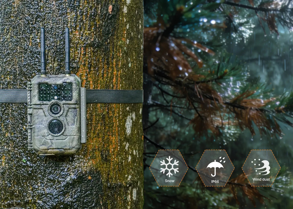 GardePro E6 2.0 Pro WiFi trail camera showcasing its IP66 waterproof design, built to withstand rain, snow, and dust