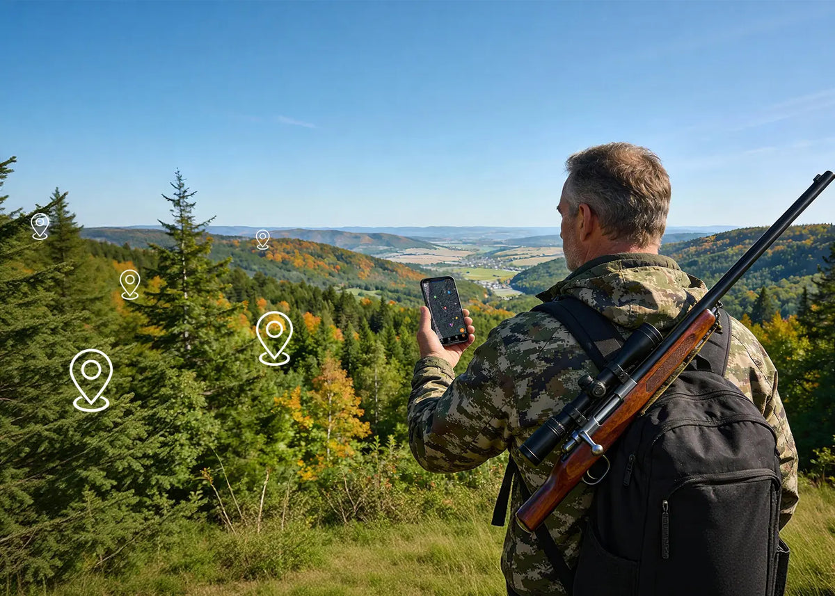Hunter using the GardePro app to monitor footage from E6 2.0 Pro WiFi trail camera in a mountainous forest