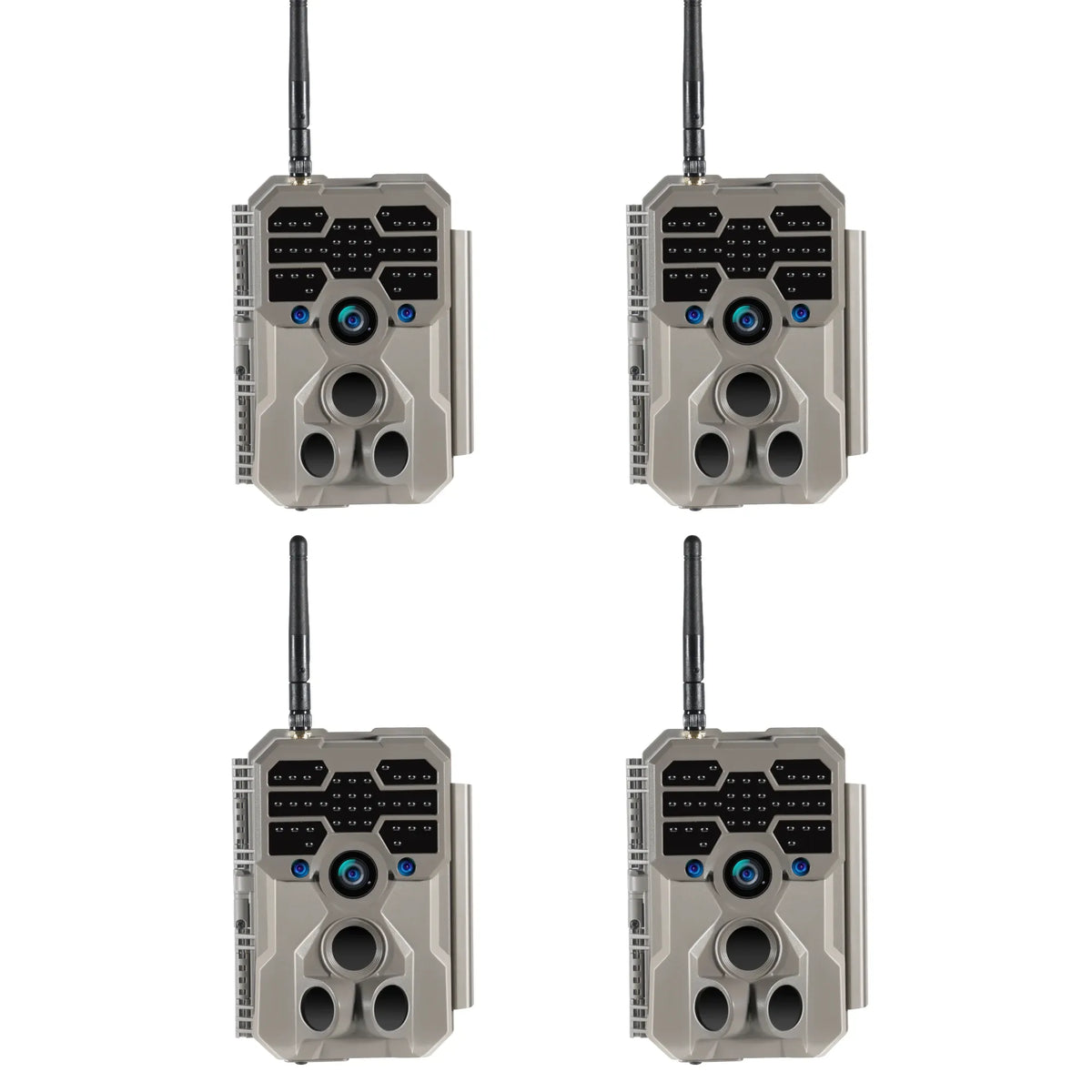 4-Pack bundle of GardePro A80 4K Wi-Fi trail cameras with external antennas.