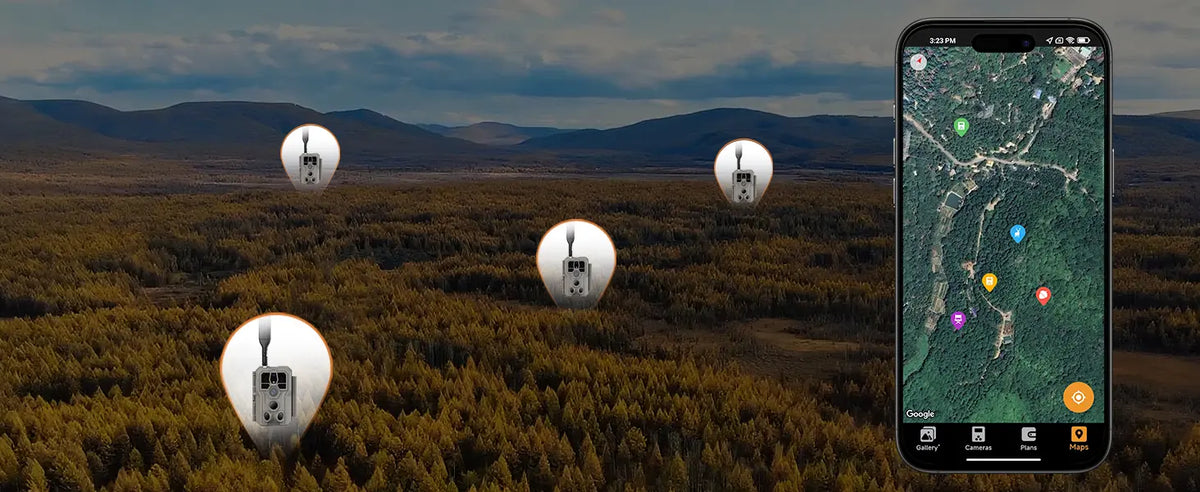 GardePro X66 Pro cellular trail cameras deployed across a forest, shown with GPS location tracking in the GardePro app
