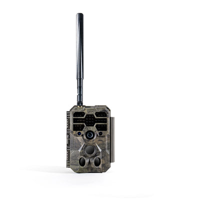 Front view of GardePro X80 cellular trail camera with single antenna and camouflage finish.