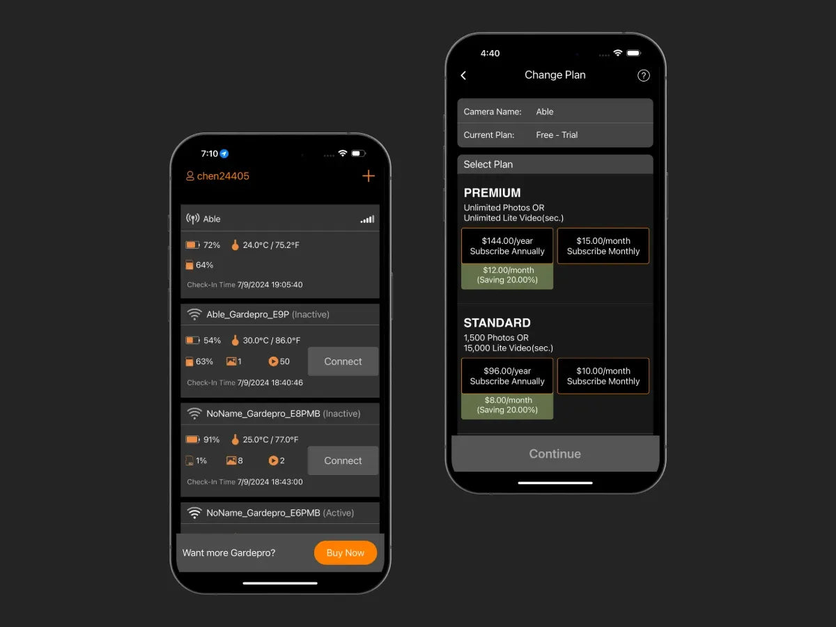 GardePro app interface showing connected cameras and available data plan options for the X60PMB cellular trail camera