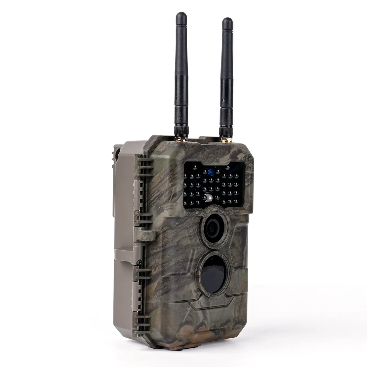 Angled front view of GardePro E6 2.0 WiFi trail camera featuring invisible 940nm no-glow night vision LEDs.