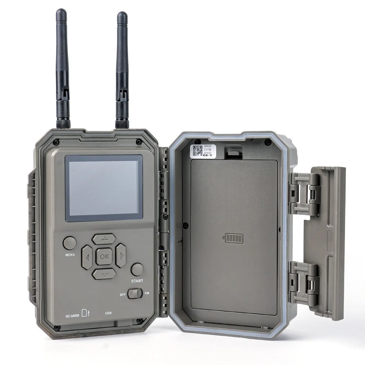 Open rear view of GardePro E6 2.0 WiFi trail camera showing the built-in LCD screen and setup interface.