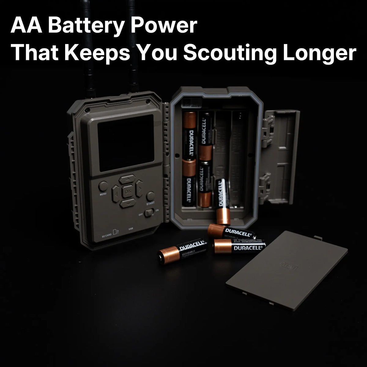 GardePro E8 2.0 WiFi trail camera with open battery compartment showing AA Duracell batteries, built for extended outdoor use with reliable power support.