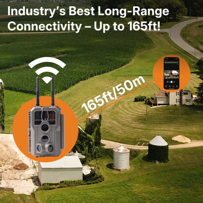 GardePro E8 2.0 WiFi trail camera demonstrating 165ft long-range wireless connectivity to a smartphone across a large rural property.