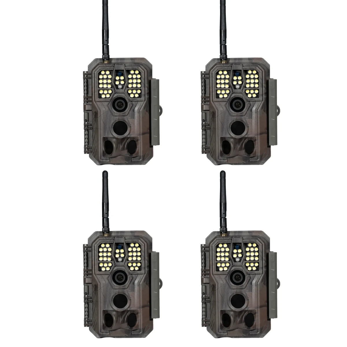 4-Pack bundle of GardePro E8PWF Wi-Fi trail cameras with white flash for color night vision.