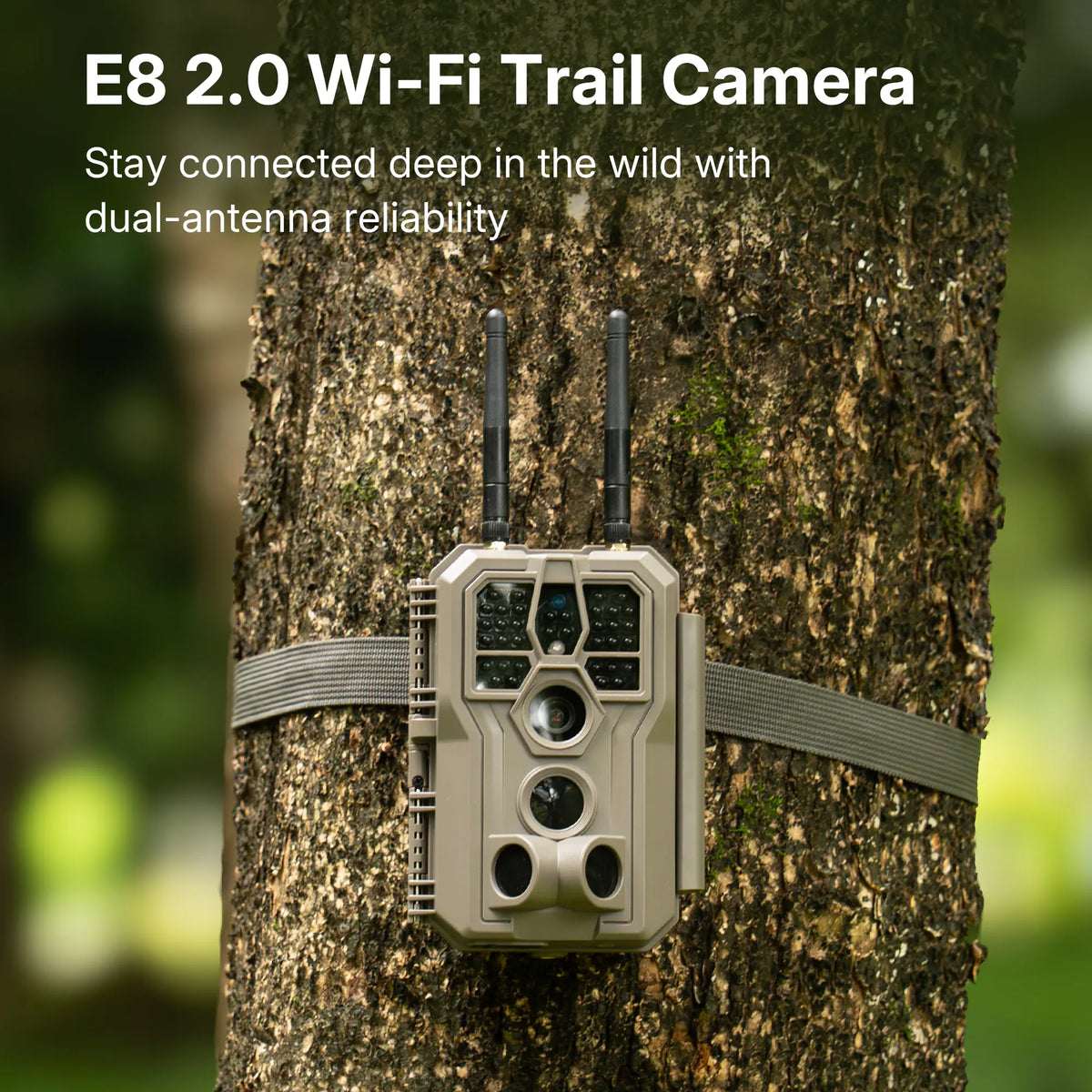 GardePro E8 2.0 Wi-Fi trail camera mounted on a tree, featuring dual antennas for long-range connectivity and 4K video capture.