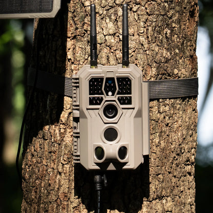 GardePro E8 2.0 Pro Wi-Fi trail camera mounted on a tree, featuring dual antennas for stable 165ft range connectivity