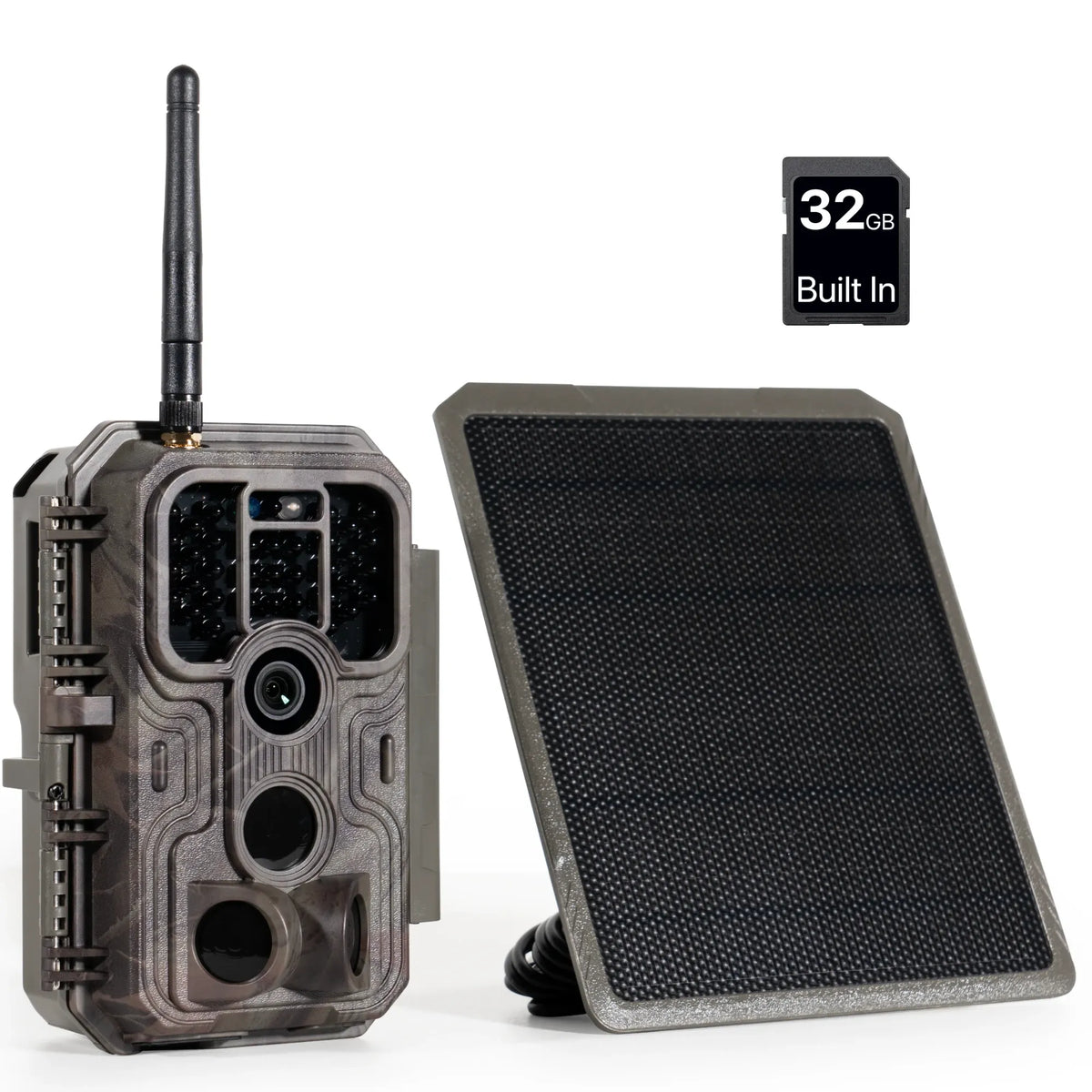 GardePro E9PMB Wi-Fi trail camera with solar panel and built-in 32GB storage.