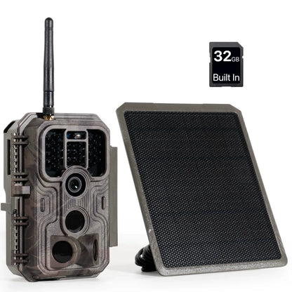 GardePro E9PMB Wi-Fi trail camera with solar panel and built-in 32GB storage.