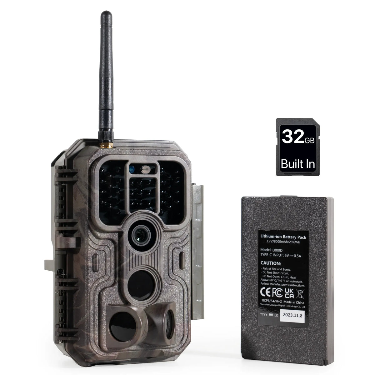 GardePro E9PMB Wi-Fi trail camera with built-in 32GB memory and rechargeable battery pack.