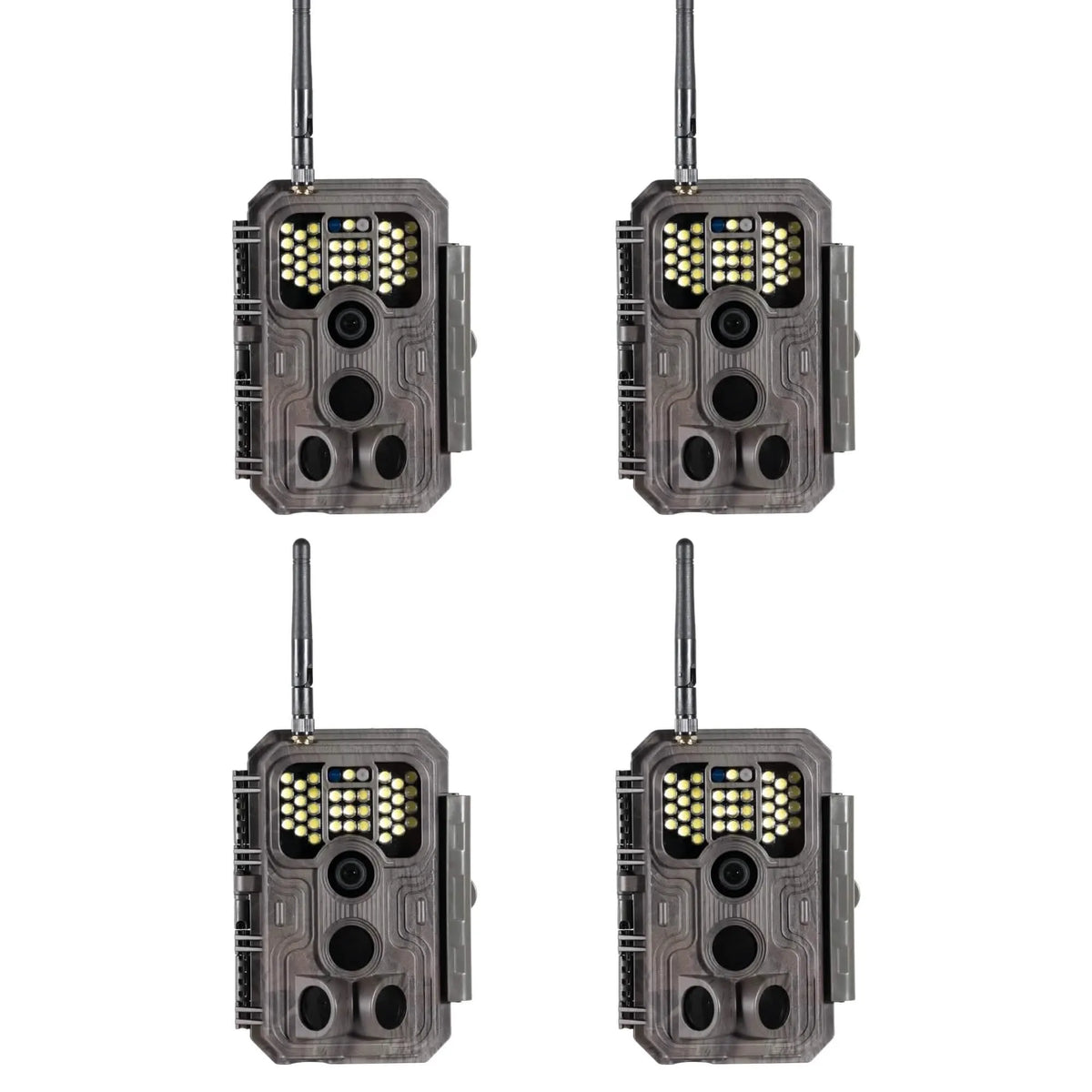 4-Pack bundle of GardePro E9P White Flash Wi-Fi trail cameras for color night vision monitoring.