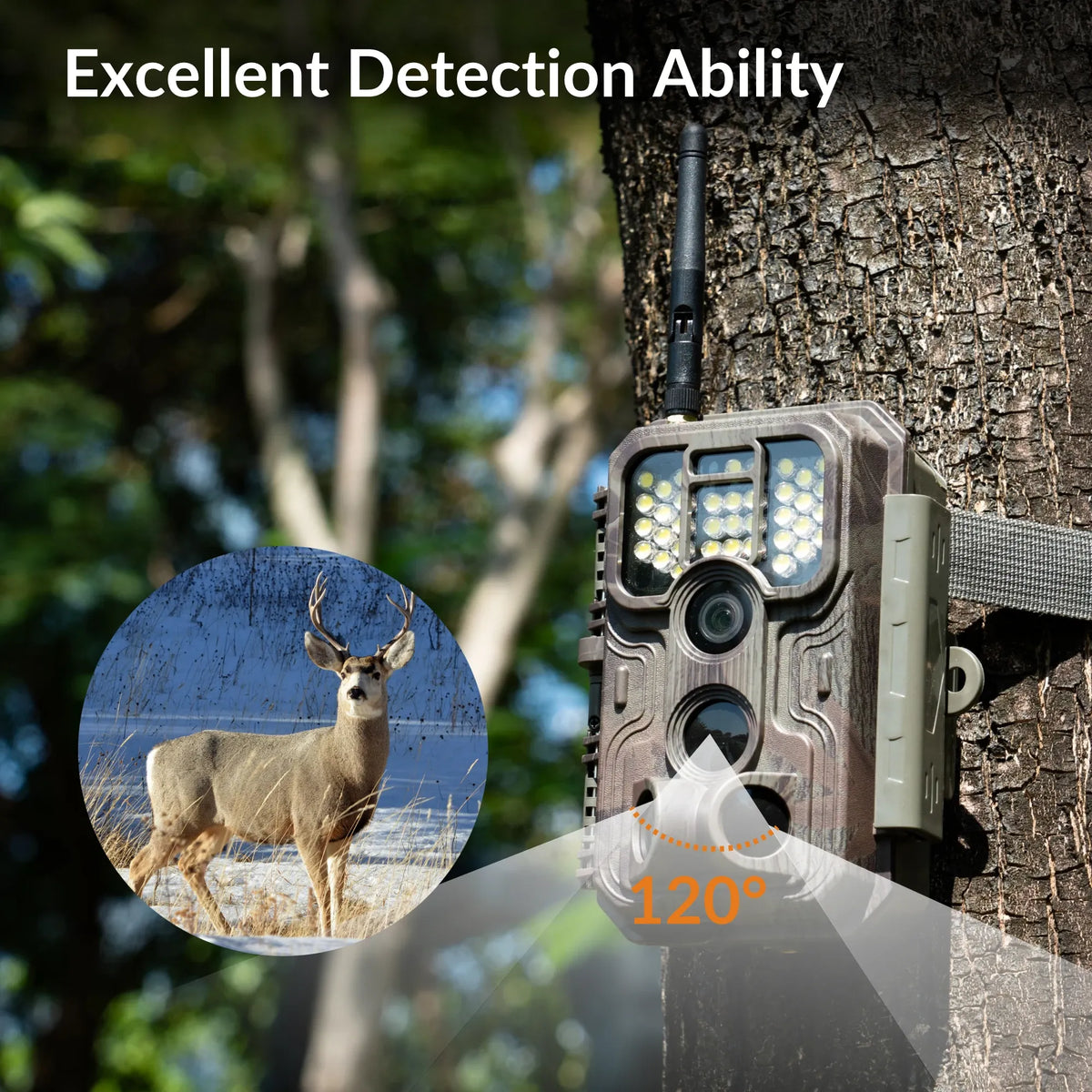 GardePro E9P White Flash WiFi trail camera mounted on a tree, detecting a deer within its 120-degree wide-angle motion detection range.