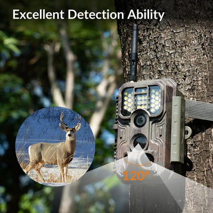 GardePro E9P White Flash WiFi trail camera mounted on a tree, detecting a deer within its 120-degree wide-angle motion detection range.