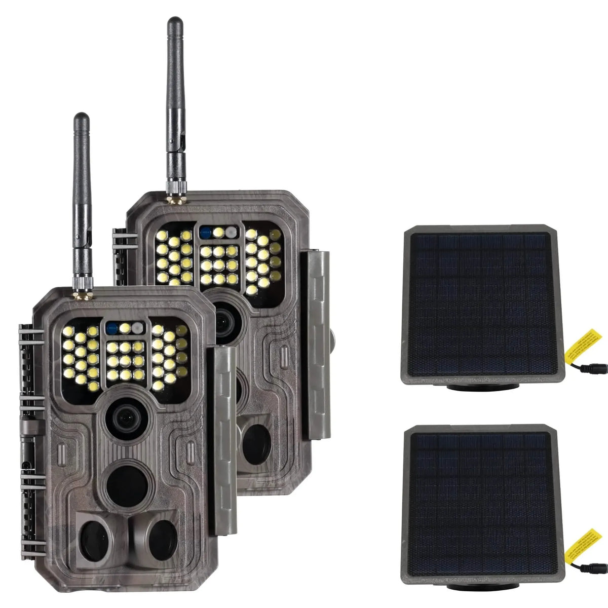 E9P White Flash WiFi trail camera 2-pack with solar panels for long-term, eco-friendly outdoor monitoring.