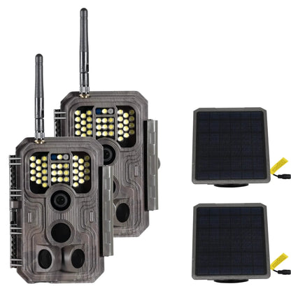 E9P White Flash WiFi trail camera 2-pack with solar panels for long-term, eco-friendly outdoor monitoring.