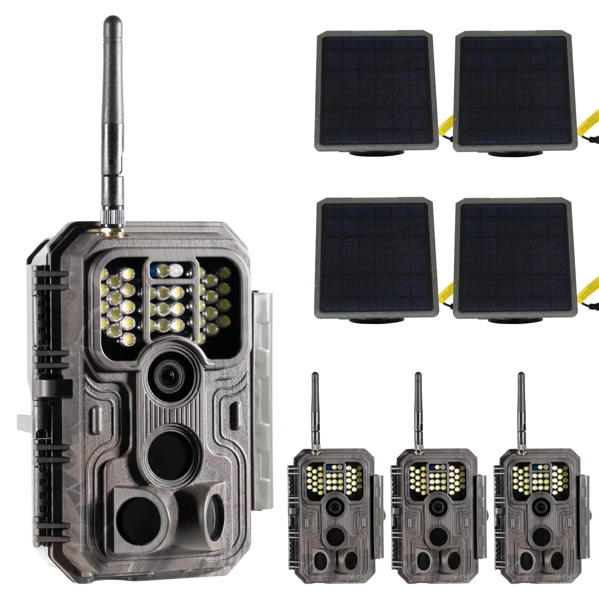 E9P White Flash WiFi trail camera 4-pack with solar panels for long-term, eco-friendly outdoor monitoring.