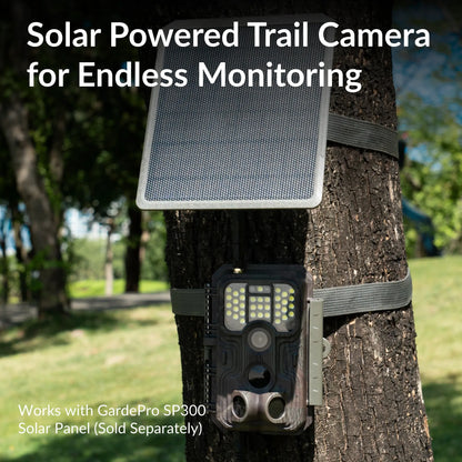 E9P White Flash WiFi trail camera with GardePro solar panel for long-term power and uninterrupted outdoor surveillance.