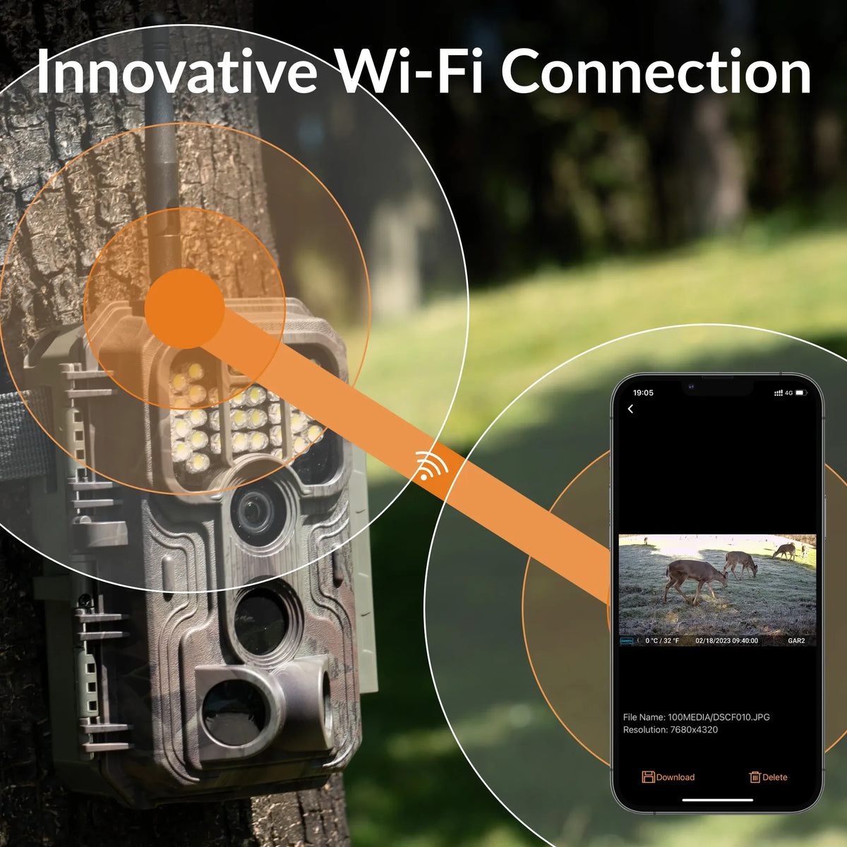 GardePro E9P White Flash WiFi trail camera mounted on a tree, wirelessly connected to a smartphone for photo viewing and downloading.