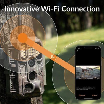 GardePro E9P White Flash WiFi trail camera mounted on a tree, wirelessly connected to a smartphone for photo viewing and downloading.