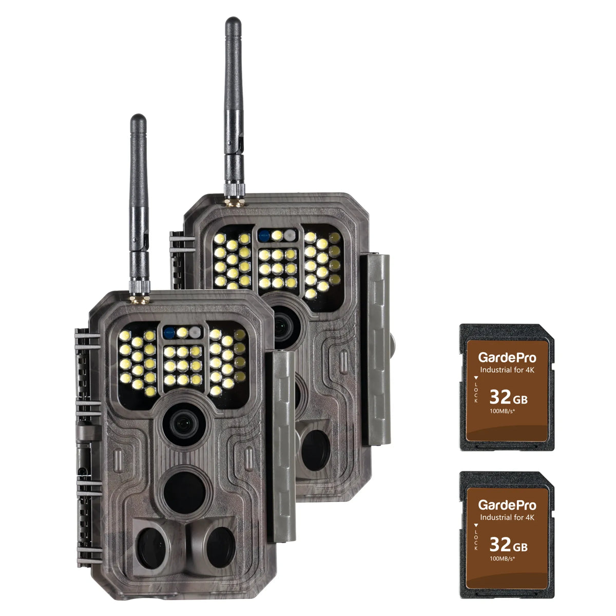 E9P White Flash WiFi trail camera 2-pack with solar panels and 32GB SD cards for reliable power and high-capacity image storage.