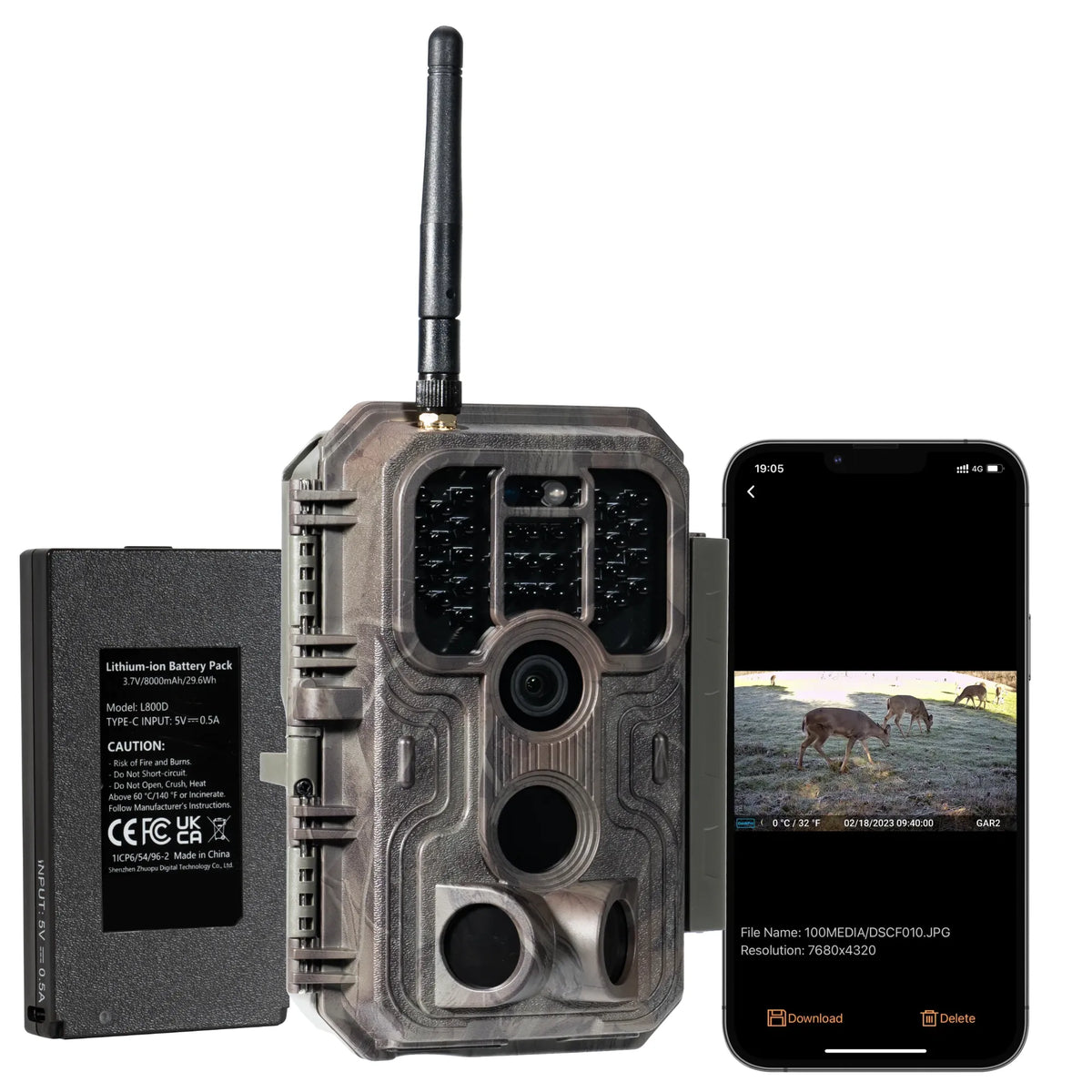 GardePro E9P Wi-Fi trail camera with rechargeable battery pack and smartphone connectivity.