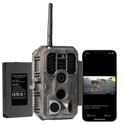 GardePro E9P Wi-Fi trail camera with rechargeable battery pack and smartphone connectivity.