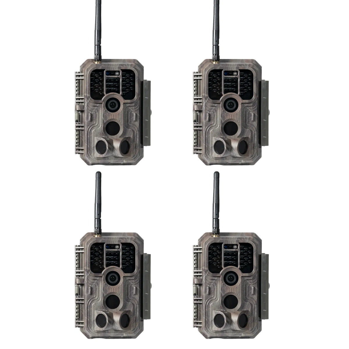 4-Pack bundle of GardePro E9 Wi-Fi trail cameras with external antennas.
