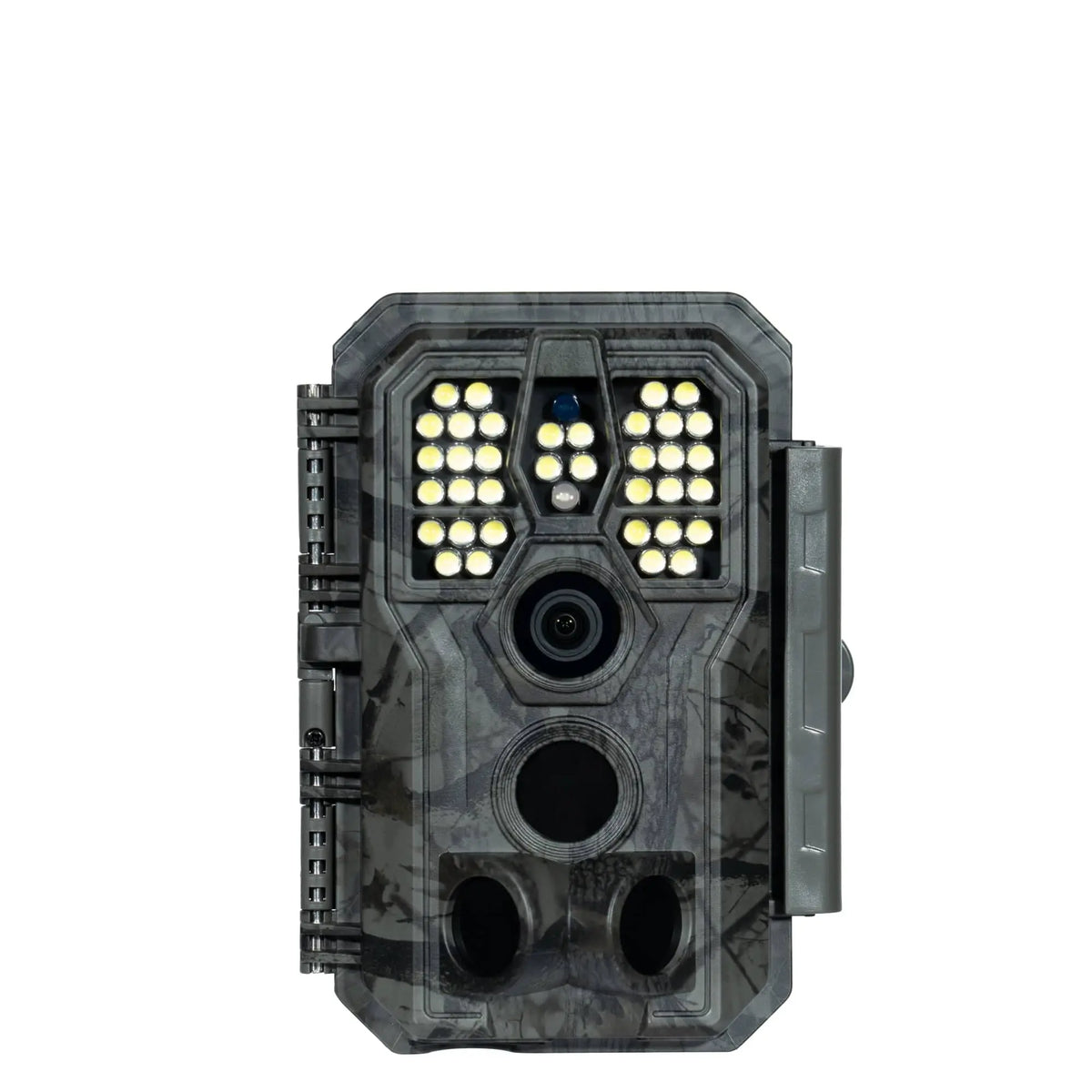 Front view of GardePro A5 trail camera with white flash LEDs for color night photos.