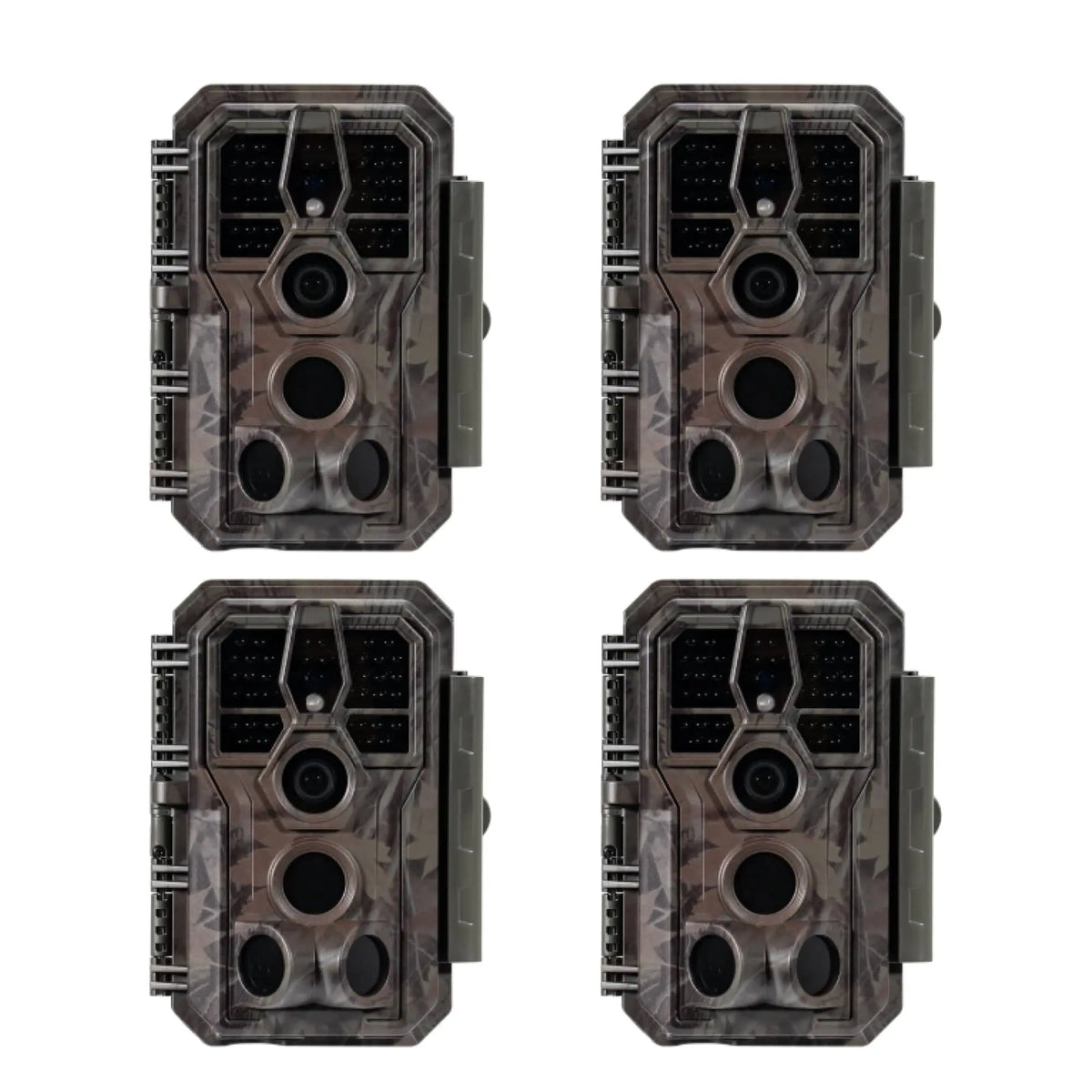 4-Pack bulk set of GardePro A5 trail cameras with low-glow infrared sensors.