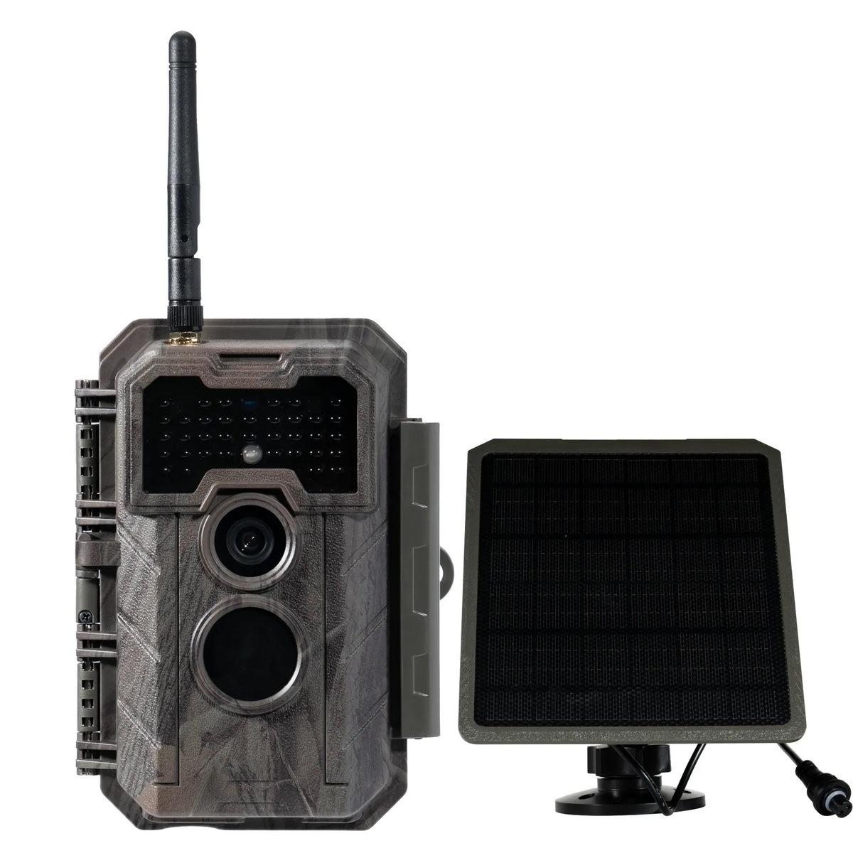 GardePro E7 WiFi trail camera with solar panel for continuous, eco-friendly outdoor wildlife monitoring.