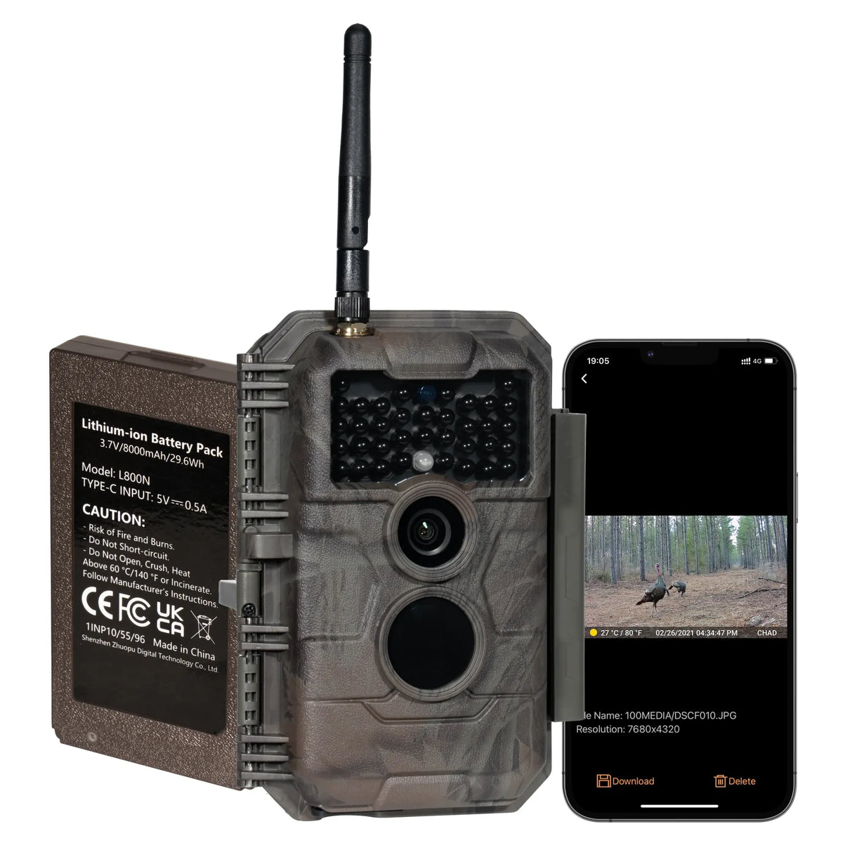 GardePro E6PMB Wi-Fi trail camera bundle with rechargeable battery pack and smartphone app view.