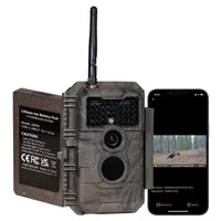 GardePro E6PMB Wi-Fi trail camera bundle with rechargeable battery pack and smartphone app view.