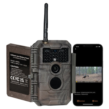 GardePro E6PMB Wi-Fi trail camera bundle with rechargeable battery pack and smartphone app view.