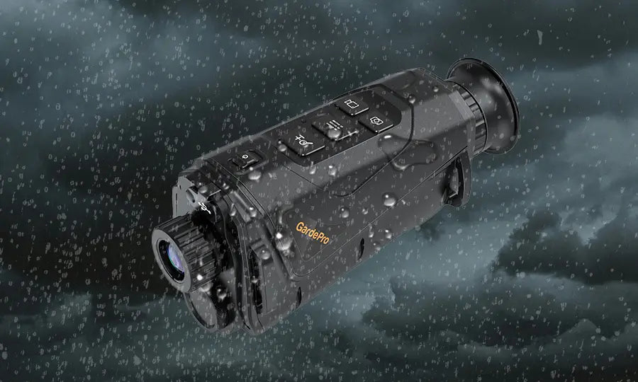 GardePro M21 thermal monocular showcasing its IP66 waterproof design, performing reliably in rainy conditions
