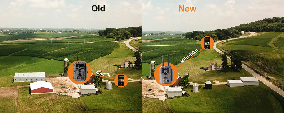 Comparison of old vs. new Wi-Fi range for GardePro E8 2.0 Pro trail camera, showing improved 165ft connectivity on a farm