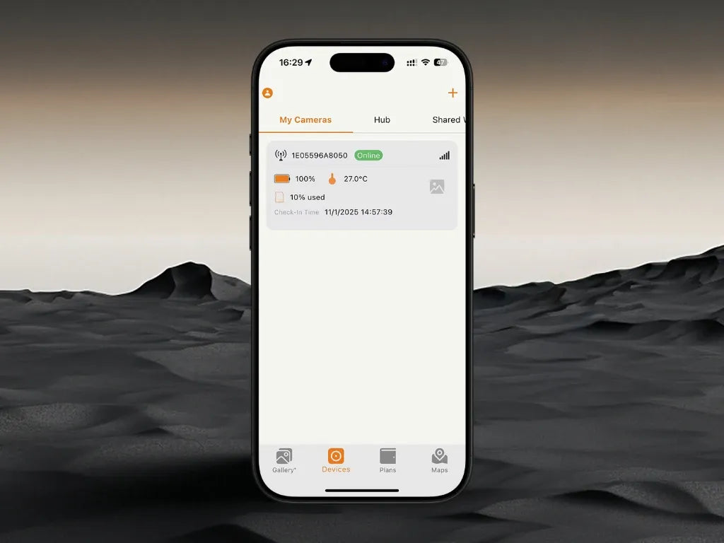 GardePro app 'My Cameras' dashboard showing status of a GardePro Link long-range wireless trail camera