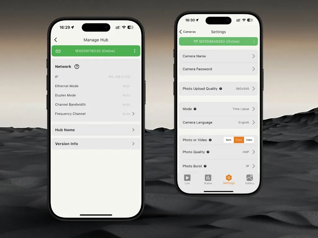 GardePro app screens for managing hub network settings and configuring GardePro Link long-range wireless trail camera preferences