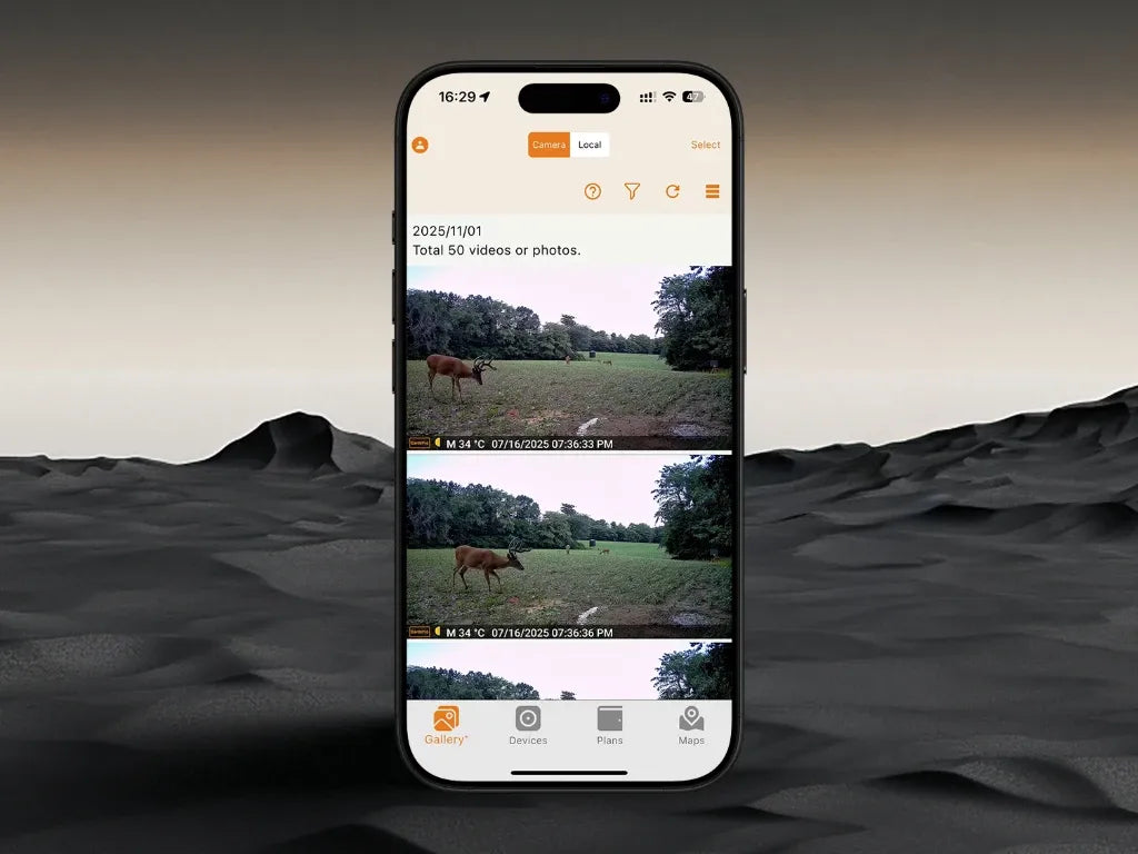 GardePro app gallery showing wildlife photos captured by GardePro Link long-range wireless trail camera