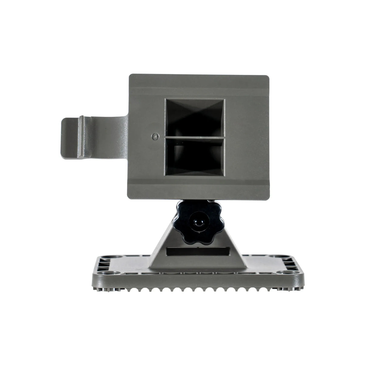 Close-up of the GardePro SP1000 solar panel base, showing adjustable mounting bracket and textured support platform for secure outdoor installation.