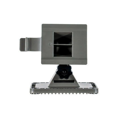 Close-up of the GardePro SP1000 solar panel base, showing adjustable mounting bracket and textured support platform for secure outdoor installation.