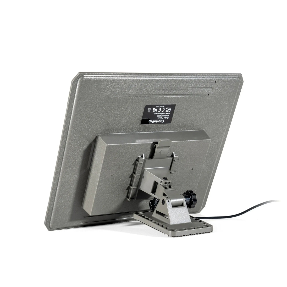 Rear view of the GardePro SP1000 solar panel showing mounting bracket, textured housing, and power cable for trail camera charging.