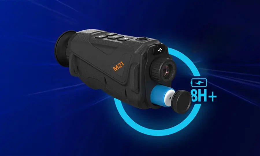 GardePro M21 thermal monocular highlighting its replaceable 18650 battery, providing over 8 hours of continuous use
